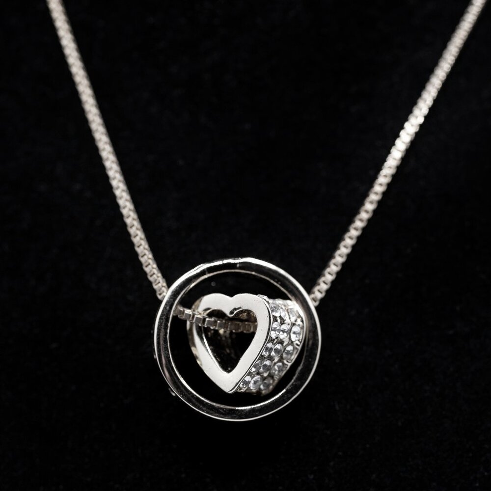 Handmade Silvertone Crystal Pave Ring & Moving Heart Necklace, New